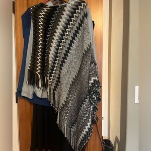 Black & Gray Zigzag Knit Poncho Sweater
